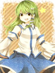  bad_id bad_pixiv_id detached_sleeves diagonal_stripes female frog_hair_ornament green_hair hair_ornament hair_tubes hanaon highres kochiya_sanae long_hair looking_at_viewer open_mouth skirt smile snake solo star_(symbol) striped touhou wide_sleeves yellow_eyes 