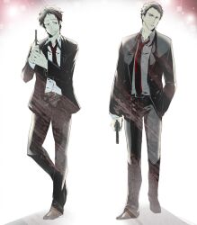  2boys adachi_tooru bachi_(bachoo) belt blazer cigarette commentary_request detective doujima_ryoutarou dress_shirt formal gun hand_in_pocket handgun jacket male_focus multiple_boys necktie persona persona_4 police revolver shirt suit weapon 