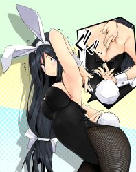  alternate_costume animal_ears arched_back arm_up armpits black_hair blue_eyes blush breasts commentary_request covered_navel fake_animal_ears female fishnet_pantyhose fishnets hair_ribbon hairband halftone halftone_background highres hyouka irisu_fuyumi iwasaki_takashi large_breasts long_hair low-tied_long_hair pantyhose photoshop_(medium) playboy_bunny rabbit_ears rabbit_tail ribbon simple_background solo tail trembling very_long_hair wrist_cuffs zipper zipping 