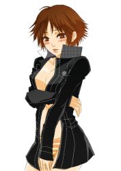  aiko_(you2club) bad_id bad_pixiv_id blush breasts brown_eyes brown_hair cleavage covered_nipples embarrassed female genderswap_(mtf) hanamura_yousuke jacket jacket_on_shoulders legs lips looking_at_viewer medium_breasts panties persona persona_4 rule_63 solo striped_clothes striped_panties underwear 