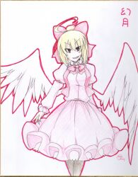  :d ahoge artist_name blonde_hair bow commentary_request earlgrey female gengetsu_(touhou) hairbow long_sleeves low_wings no_nose open_mouth puffy_sleeves red_eyes shikishi short_hair simple_background smile solo touhou touhou_(pc-98) traditional_media v-shaped_eyebrows white_background white_wings wings 