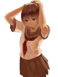  adjusting_hair armpit_peek arms_up bad_id bad_pixiv_id blush brown_eyes brown_hair female long_hair makki_(tobaccos) mouth_hold original rubber_band school_uniform serafuku skirt solo 