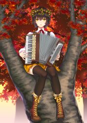  accordion acorn autumn autumn_leaves black_hair black_thighhighs boots briska commentary_request cross-laced_footwear female high_heel_boots high_heels in_tree instrument lips looking_at_viewer original photoshop_(medium) pleated_skirt short_hair sitting sitting_in_tree skirt solo thighhighs tree yellow_eyes zettai_ryouiki 