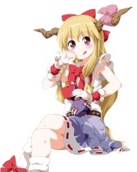  blonde_hair brown_eyes commentary_request female gourd highres horns ibuki_suika long_hair ribbon ruu_(tksymkw) solo touhou wrist_cuffs 