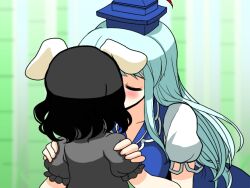  2girls alternate_color animal_ears black_hair blush closed_eyes collarbone commentary_request green_hair hat inaba_tewi kamishirasawa_keine kissing long_hair mono_(moiky) multiple_girls player_2 puffy_sleeves rabbit_ears short_hair short_sleeves touhou yuri 