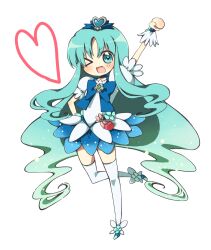  &gt;_o 723_(hato2) ;d aqua_eyes aqua_hair arm_up bad_id bad_pixiv_id blue_choker blue_skirt blue_theme brooch chibi choker cure_marine female heart heart_brooch heartcatch_precure! highres jewelry kurumi_erika long_hair magical_girl one_eye_closed open_mouth precure simple_background skirt smile solo thighhighs white_background white_thighhighs 