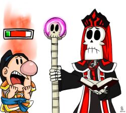  1boy bad_id bad_pixiv_id billy_(grim_adventures) book cosplay crown frown gameplay_mechanics glowing grim_(grim_adventures) health_bar karthus karthus_(cosplay) league_of_legends open_mouth parody ponytail signature skeleton skull staff style_parody sutan_(happle) teeth the_grim_adventures_of_billy_&amp;_mandy tongue toon_(style) xin_zhao xin_zhao_(cosplay) 