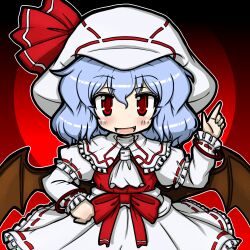  ascot bat_wings blue_hair blush commentary_request curiosities_of_lotus_asia eruru_(erl) female hat hat_ribbon highres long_sleeves oerba_yun_fang open_mouth puffy_sleeves remilia_scarlet ribbon short_hair solo touhou wings wrist_cuffs 