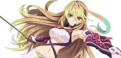  ahoge artist_request bandeau blonde_hair choker dyed_ahoge female gloves green_hair long_hair midriff milla_maxwell multicolored_hair navel official_art red_eyes serious skirt solo sword tales_of_(series) tales_of_xillia transparent_background two-tone_hair weapon 