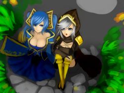  2girls aqua_hair ashe_(league_of_legends) bad_id bad_pixiv_id bare_shoulders blonde_hair blue_eyes boots breasts cape cleavage commentary gradient_hair grey_hair highres hood kumiko_shiba large_breasts league_of_legends long_hair multicolored_hair multiple_girls open_mouth sitting sona_(league_of_legends) twintails yellow_legwear 