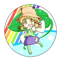  :d animal_print blonde_hair blush boots chibi commentary_request drawstring female frog_print full_body hair_ribbon hat high_collar kokutei_n leaf looking_at_viewer moriya_suwako open_mouth outstretched_arms photoshop_(medium) print_skirt purple_skirt rainbow ribbon round_image rubber_boots short_hair skirt sleeves_past_wrists smile solo spread_arms teeth touhou upper_teeth_only wide_sleeves 