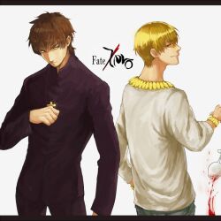  2boys bad_id bad_pixiv_id blonde_hair bracelet brown_eyes brown_hair copyright_name cross cup drinking_glass fate/zero fate_(series) gilgamesh_(fate) holding holding_cross jewelry kotomine_kirei letterboxed logo male_focus multiple_boys necklace official_alternate_costume red_eyes smskt_25 wine_glass 