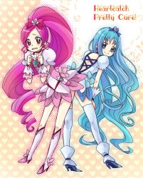  2girls back-to-back blue_eyes blue_hair blue_skirt blush boots bow brooch choker commentary_request cure_blossom cure_marine dress hair_ornament hairbow hanasaki_tsubomi heart heart_brooch heartcatch_precure! high_ponytail highres jewelry knee_boots kurumi_erika long_hair magical_girl multiple_girls open_mouth pink_bow pink_eyes pink_hair ponytail precure red_choker sarukimo skirt smile thighhighs white_legwear 