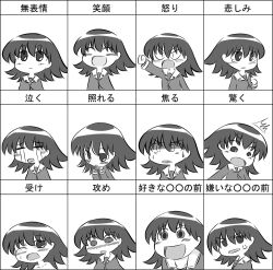  :d :o =_= ^^^ anger_vein azumanga_daioh&#039;s_school_uniform azumanga_daiou blush blush_stickers chibi closed_eyes commentary_request d: expression_chart expressions female greyscale long_hair looking_at_viewer monochrome multiple_views one_eye_closed open_mouth school_uniform serafuku smile sweatdrop takino_tomo translated wince yuzuneko 