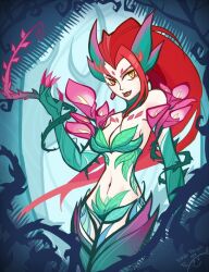  bare_shoulders breasts cleavage commentary_request female flower inkinesss leaf league_of_legends lips long_hair medium_breasts monster_girl navel plant red_hair signature solo thorns vines yellow_eyes zyra 