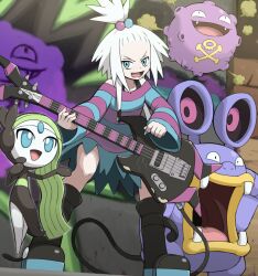  bare_shoulders bass_guitar blue_eyes boots fangs female freckles green_hair guitar hair_bobbles hair_ornament instrument koffing looking_at_viewer loudred meloetta meloetta_(aria) open_mouth plectrum pokemoa pokemon pokemon_(creature) pokemon_bw2 roxie_(pokemon) smile standing 