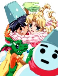  1990s_(style) 1boy arima_takuya blonde_hair blue_eyes braid bucket bucket_on_head couple dragon female hair_over_eyes highres hug kono_yo_no_hate_de_koi_wo_utau_shoujo_yu-no mittens object_on_head photoshop_(medium) pointy_ears retro_artstyle scarf snow snowman straight sweater twin_braids winter_clothes yu-no 