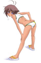  alternate_hairstyle antenna_hair ass bent_over bikini blue_eyes blush brown_hair butt_crack commentary_request dark-skinned_female dark_skin feet female flip-flops hand_on_own_hip kazuma_muramasa looking_back muv-luv muv-luv_alternative muv-luv_total_eclipse photoshop_(medium) sandals short_hair sigh simple_background solo swimsuit tan tankini tarisa_manandal white_background 