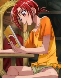  book casual female haruyama_kazunori hino_akane_(smile_precure!) mouth_hold orange_shirt panties precure red_eyes red_hair shirt short_hair shorts sitting smile_precure solo underwear upshorts 