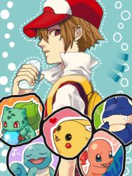  ! 1boy aqua_background backpack bad_id bag baseball_cap brown_eyes bulbasaur charmander dotted_line flame-tipped_tail gyagu hat heart munchlax musical_note pikachu pokemon pokemon_(creature) pokemon_frlg popped_collar profile red_(pokemon) red_eyes simple_background squirtle starter_pokemon_trio tegaki vs_seeker 