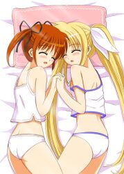  2girls ass bare_shoulders bed blonde_hair blush brown_hair camisole closed_eyes commentary_request fate_testarossa hair_ribbon holding_hands interlocked_fingers lingerie long_hair lyrical_nanoha mahou_shoujo_lyrical_nanoha mahou_shoujo_lyrical_nanoha_a&#039;s mahou_shoujo_lyrical_nanoha_the_movie_2nd_a&#039;s md5_mismatch multiple_girls ookawa_wataru open_mouth panties photoshop_(medium) pillow ribbon short_twintails sleeping strap_slip takamachi_nanoha twintails underwear underwear_only very_long_hair 