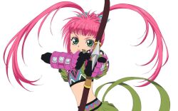  artist_request bow_(weapon) chelsea_torn female gloves green_eyes hair_ornament hairpin high_ponytail long_hair midriff navel official_art pink_hair pointing ponytail serious solo split_ponytail tales_of_(series) tales_of_destiny weapon white_background 