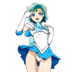  back_bow bishoujo_senshi_sailor_moon blue_choker blue_eyes blue_hair blue_sailor_collar blue_skirt boots bow choker commentary_request earrings elbow_gloves female gloves jewelry kogane_(staygold) magical_girl mizuno_ami panties sailor_collar sailor_mercury sailor_senshi_uniform short_hair skirt solo tiara underwear white_gloves 