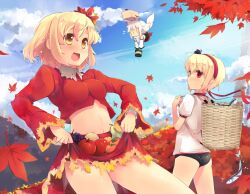  3girls :d aki_minoriko aki_shizuha alternate_costume apple ass autumn_leaves backpack_basket bare_shoulders basket blonde_hair blush buruma cloud commentary_request day detached_sleeves fish flying flying_sweatdrops food fruit geta grapes gym_uniform hair_ornament hairband holding impossible_clothes impossible_shirt inubashiri_momiji leaf leaf_hair_ornament long_hair midriff multiple_girls navel open_mouth panties persimmon red_eyes shin_(new) shirt short_hair siblings sisters skirt skirt_basket sky smile touhou underwear white_hair white_panties |_| 