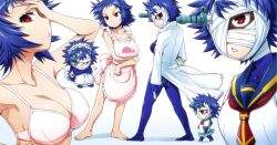  apron bandages blue_hair bra breasts chibi clipboard female hairu holding holding_syringe knife lab_coat large_breasts medaka_box naze_youka pink_bra red_eyes school_uniform short_hair solo syringe underwear 