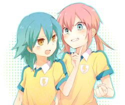  2boys aqua_hair azuki_(merry) blush commentary_request inazuma_eleven_(series) inazuma_eleven_go kariya_masaki kirino_ranmaru lightning_bolt_symbol long_hair multiple_boys pink_hair raimon raimon_soccer_uniform smile soccer_uniform sportswear teasing twintails yellow_eyes 