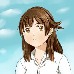  :t brown_eyes brown_hair commentary_request day female highres kyouno_madoka long_hair pout rinne_no_lagrange sig_(sfried) sky solo 