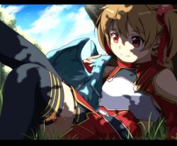  animal armor bad_id bad_pixiv_id black_thighhighs breastplate brown_hair female grass letterboxed pina_(sao) red_eyes short_twintails silica sitting smile solo sword_art_online thighhighs twintails yuihara 