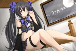  :o bare_shoulders black_hair blush bow breasts character_name choujigen_game_neptune compile_heart detached_sleeves ear female hair_ornament hairbow idea_factory kami_jigen_game_neptune_v kazenokaze long_hair looking_at_viewer midriff moon navel neptune_(series) noire one_eye_closed open_mouth red_eyes solo twintails very_long_hair wink 