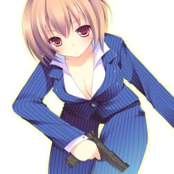  bad_id bad_pixiv_id blush breasts brown_hair cleavage female gun handgun holding izumiyuhina large_breasts original photoshop_(medium) red_eyes short_hair simple_background solo striped vertical_stripes weapon white_background 