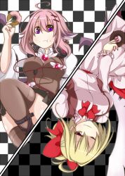  2girls :t ahoge animal_ears bow breasts brown_legwear commentary_request doughnut earlgrey eating fingernails food gengetsu_(touhou) hair_ornament hairbow hairpin headphones long_sleeves low_wings medium_breasts multiple_girls mystia_lorelei no_nose one_eye_closed pink_hair puffy_sleeves purple_eyes red_bow rotational_symmetry sharp_fingernails short_hair smirk thighhighs touhou touhou_(pc-98) white_wings wide_sleeves wings yellow_eyes 