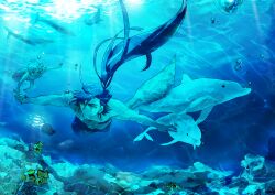  2boys air_bubble bad_id bad_pixiv_id blue_hair blue_theme bubble diving dolphin earrings fish ja&#039;far_(magi) jewelry long_hair magi_the_labyrinth_of_magic male_focus multiple_boys ojmubob ponytail sinbad_(magi) underwater very_long_hair 