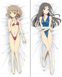  2girls barefoot bikini black_eyes black_hair brown_eyes brown_hair casual_one-piece_swimsuit commentary_request commission commissioner_upload dakimakura_(medium) hanasaku_iroha highleg highleg_bikini highleg_swimsuit highres long_hair lying matsumae_ohana multiple_girls on_back one-piece_swimsuit polka_dot polka_dot_bikini polka_dot_swimsuit rumia_(compacthuman) short_hair swimsuit tsurugi_minko 