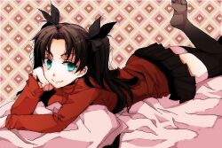  black_thighhighs blue_eyes brown_hair commentary_request fate/stay_night fate_(series) female hair_ribbon logicon long_hair no_shoes oekaki ribbon thighhighs tohsaka_rin two_side_up 