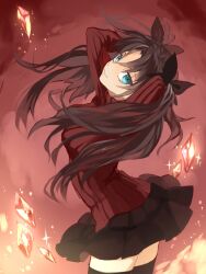  arms_behind_head arms_up bad_id bad_pixiv_id black_thighhighs blue_eyes brown_hair buun_ko fate/stay_night fate_(series) female fire gem hair_ribbon head_tilt highres long_hair long_sleeves looking_at_viewer pleated_skirt ribbed_sweater ribbon skirt solo sweater thighhighs tohsaka_rin turtleneck two_side_up 