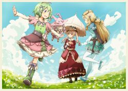  4girls :d blonde_hair bow commentary_request dolce_(rune_factory) dress gloves green_hair hair_ribbon hat kohaku_(rune_factory) long_hair margaret_(rune_factory) multiple_girls open_mouth pantyhose parasol pico_(rune_factory) pointy_ears ribbon rune_factory rune_factory_4 short_hair smile suneo_(goten) thighhighs top_hat twintails umbrella white_gloves 