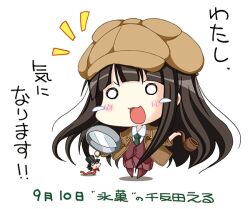  black_hair cabbie_hat chibi chitanda_eru commentary_request detective female hat hyouka jacket kimi_ni_matsuwaru_mystery long_hair magnifying_glass mini_person miniboy o_o oreki_houtarou smoking_pipe suigetsu_koubou watashi_kininarimasu worm 