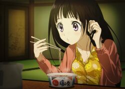  adjusting_hair annin_(anninnanninn) black_hair blowing chitanda_eru chopsticks commentary_request cup_ramen female food hyouka jacket long_hair pajamas purple_eyes solo tucking_hair upper_body 