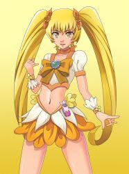  blonde_hair bow brooch choker commentary_request cure_sunshine female hair_ribbon heart heart_brooch heartcatch_precure! jewelry long_hair magical_girl midriff myoudouin_itsuki navel ntk_51 orange_bow orange_choker orange_skirt photoshop_(medium) precure ribbon skirt solo twintails wrist_cuffs yellow_background yellow_bow yellow_eyes yellow_theme 