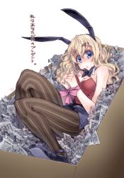  animal_ears bare_shoulders blonde_hair blue_eyes box commentary_request detached_collar female highres k-on! kotobuki_tsumugi long_hair newspaper pantyhose playboy_bunny rabbit_ears simple_background solo striped_clothes striped_pantyhose takanashi_ringo translated vertical-striped_clothes vertical-striped_pantyhose white_background 