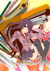  :o bad_id bad_pixiv_id bakemonogatari black_thighhighs boxcutter female long_hair looking_at_viewer mechanical_pencil monogatari_(series) naoetsu_high_school_uniform no_shoes open_mouth pencil photoshop_(medium) pleated_skirt purple_eyes purple_hair school_uniform senjougahara_hitagi skirt solo stapler thighhighs yadokugaeru 