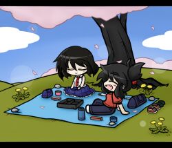  2girls black_hair blind cherry_blossoms closed_eyes commentary_request dandelion eyebrows flower folded_ponytail letterboxed multiple_girls oerba_yun_fang oono_mayu picnic pixiv_azriel tea tree yanagi_(nurikoboshi) yumeshima_kanata 