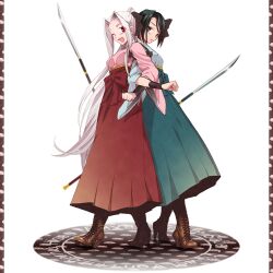  2girls black_eyes black_hair bob_cut boots bow commentary_request cross-laced_footwear fate/zero fate_(series) hairbow high_heels hisau_maiya irisviel_von_einzbern japanese_clothes long_hair motsu_(kk_3) multiple_girls naginata official_alternate_costume one_eye_closed photoshop_(medium) polearm ponytail red_eyes shoes short_hair weapon white_hair 