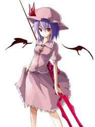  alternate_weapon bident commentary_request detached_wings female flamel_symbol fullmetal_alchemist hat hat_ribbon lance_of_longinus_(evangelion) neon_genesis_evangelion polearm puffy_sleeves purple_hair red_eyes remilia_scarlet ribbon shiroshi_(denpa_eshidan) short_hair short_sleeves solo spear_the_gungnir touhou weapon white_background wings 