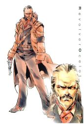  1boy facial_hair grey_hair gun handgun long_coat metal_gear_(series) metal_gear_solid moustache ponytail revolver revolver_ocelot shinkawa_youji weapon 