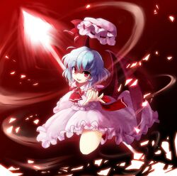  ahoge ascot bat_wings blue_hair commentary_request female hat kuroyurihaze oerba_yun_fang open_mouth polearm puffy_sleeves red_eyes remilia_scarlet short_hair short_sleeves solo spear spear_the_gungnir touhou unworn_hat unworn_headwear weapon wings 